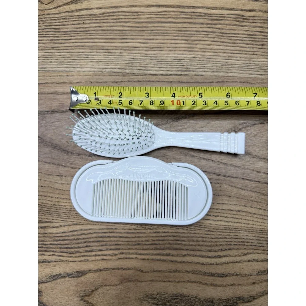 Vtg CLINIQUE Set of 3 Travel Hair Comb Mirror & Brush White W/ Holder